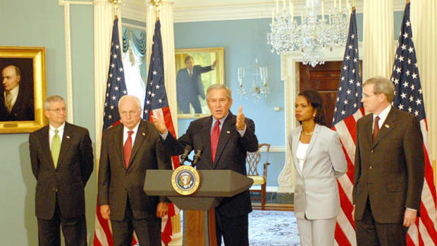 President George W. Bush addresses the press from the State Department after a series of meetings today discussing Americas foreign policy Monday, August, 14, 2006. State Department photo by Michael 