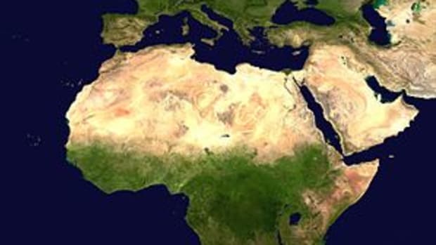 A composed satellite photograph of Africa.