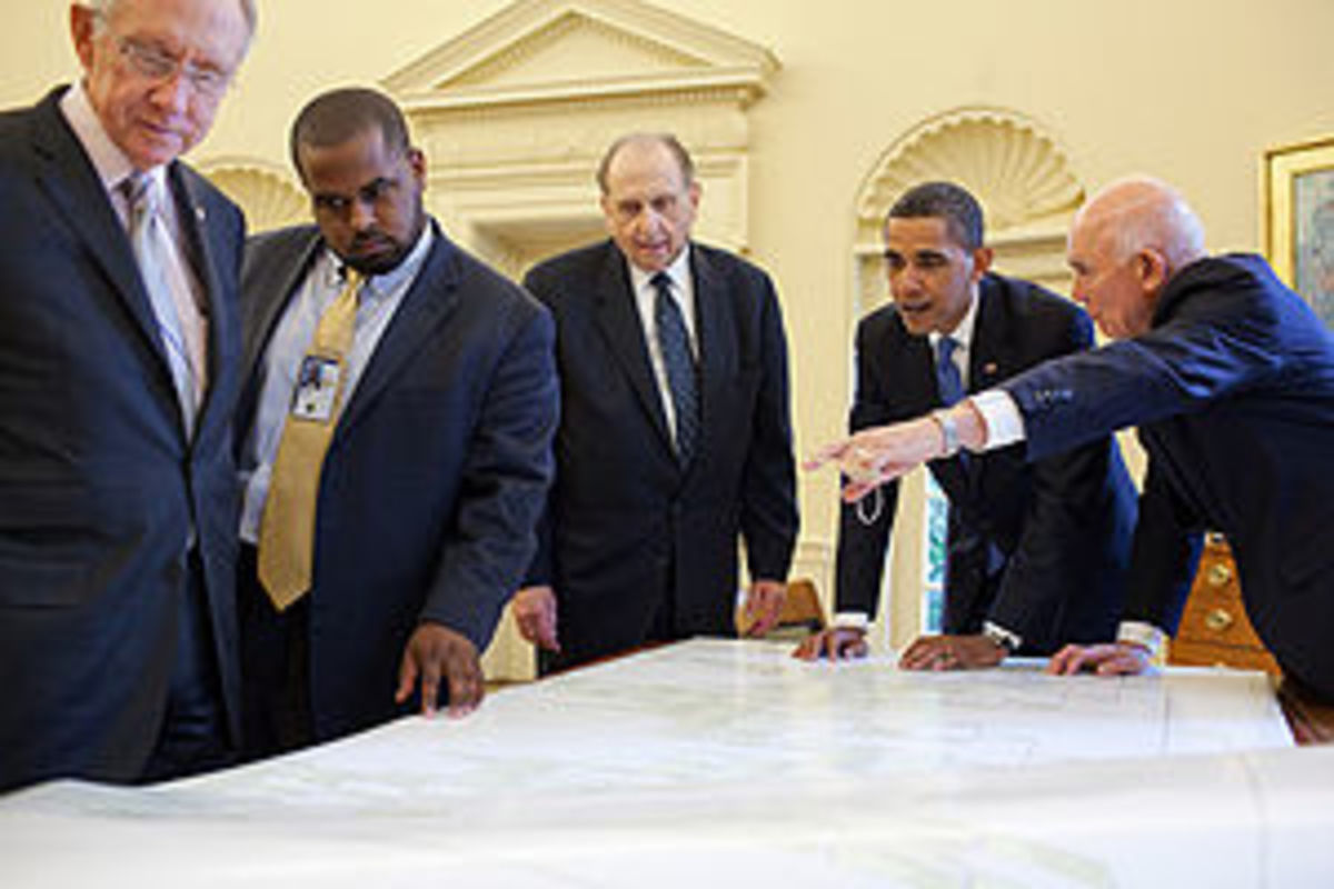 President looks at a genealogy chart in the Ov...