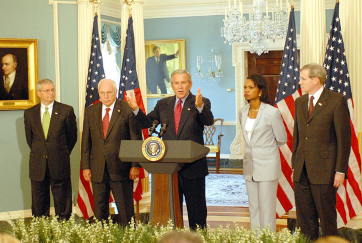 President George W. Bush addresses the press from the State Department after a series of meetings today discussing Americas foreign policy Monday, August, 14, 2006. State Department photo by Michael 