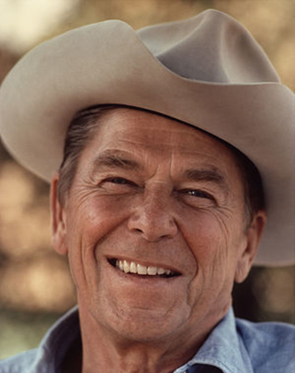 Ronald Reagan wearing cowboy hat at Rancho del...