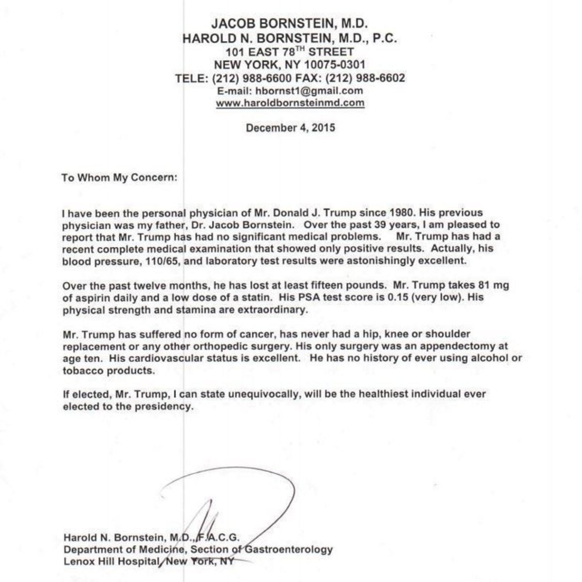 Dr. Harold Bornstein's fake letter